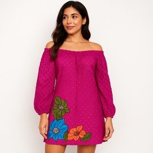 Silk Threads Boho Hippie Festival Tunic Dress L Pink Floral Eyelet Cotton Y2K